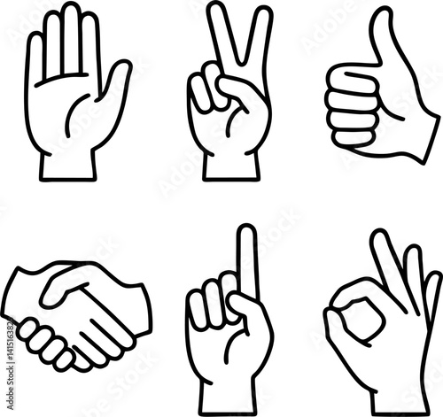Human Gestures: A collection of line-art illustrations showcasing diverse hand gestures conveying various meanings, from agreement to acknowledgment and beyond. 