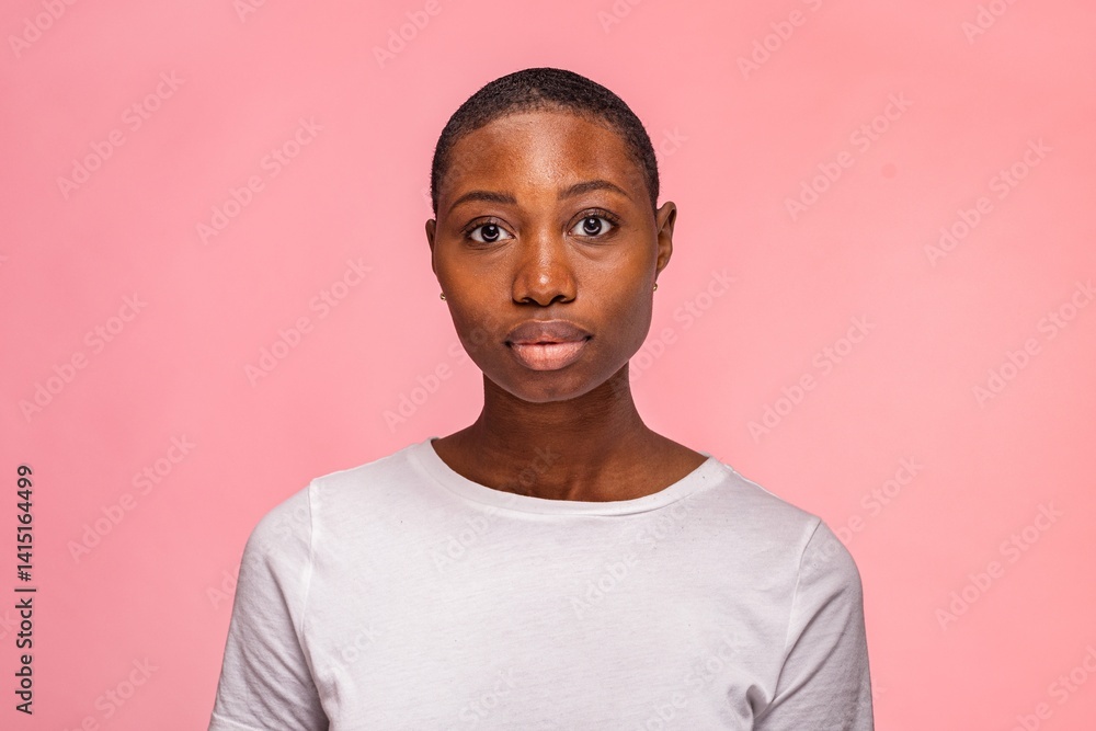 Obraz premium A Confident black woman in white shirt standing against pink background. Confident black woman is looking directly at the camera. Studio fashion shoot.