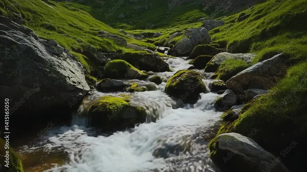Scenic mountain stream cascades over mossy rocks, surrounded by lush green hills Scenic mountain stream cascades over mossy rocks, surrounded by lush green hills