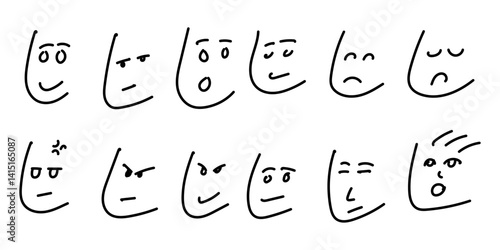 Set of minimalist hand-drawn facial expressions, featuring simple and expressive line art sketches conveying various moods and emotions.