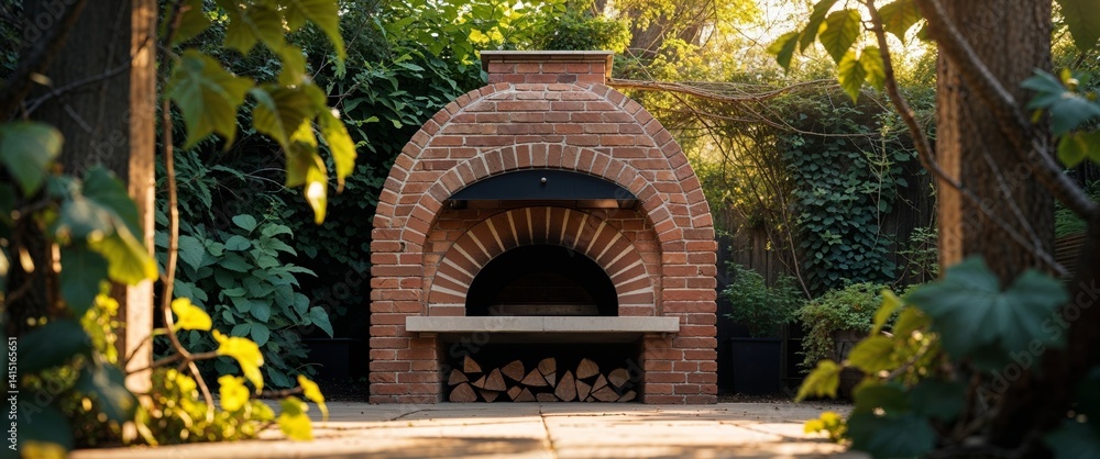 there is a brick oven with a firewood rack in the middle of it