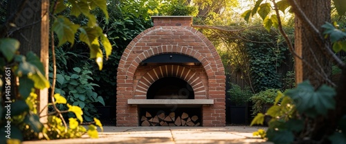 there is a brick oven with a firewood rack in the middle of it