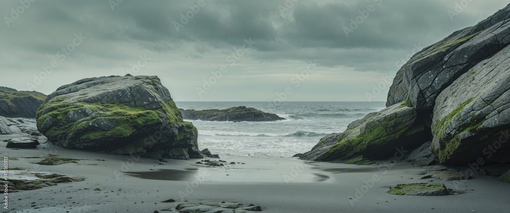 there is a large rock formation on the beach with a person walking on it