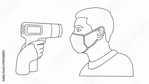 One line vector of a healthcare worker using an infrared non-contact thermometer on a child’s forehead—ideal for pediatric health posters, safety campaign visuals, and public health educational