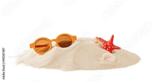 Beach sand with natural wave pattern, sunglasses, sea shells and stars on white isolated background with clipping path. Summer background. Tourism, vacation and holidays concept. Design Element.