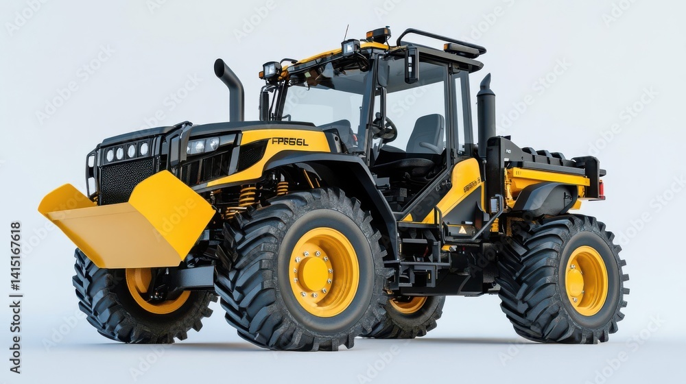 Modern agricultural tractor with front loader, showcasing advanced design in a studio setting Modern agricultural tractor with front loader, showcasing advanced design in a studio setting