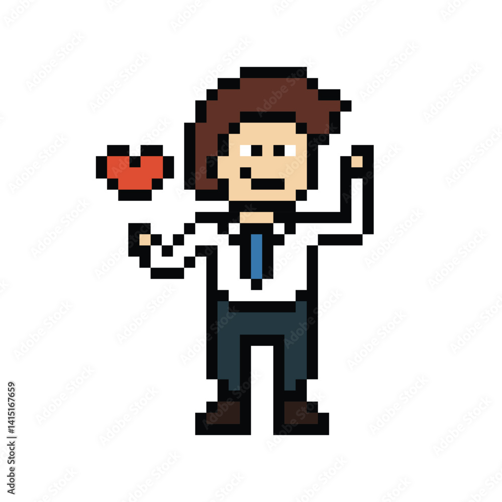 Obraz premium Cartoon cute pixel cartoon 8bit character business man businessman smart work game decoration business 8 bit male career smart character game 8bit png vector.