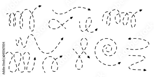 Set of manga style spiral dash arrows. Vector kawaii wavy loops with pointer. Manga doodle lines. Isolated vector signs.