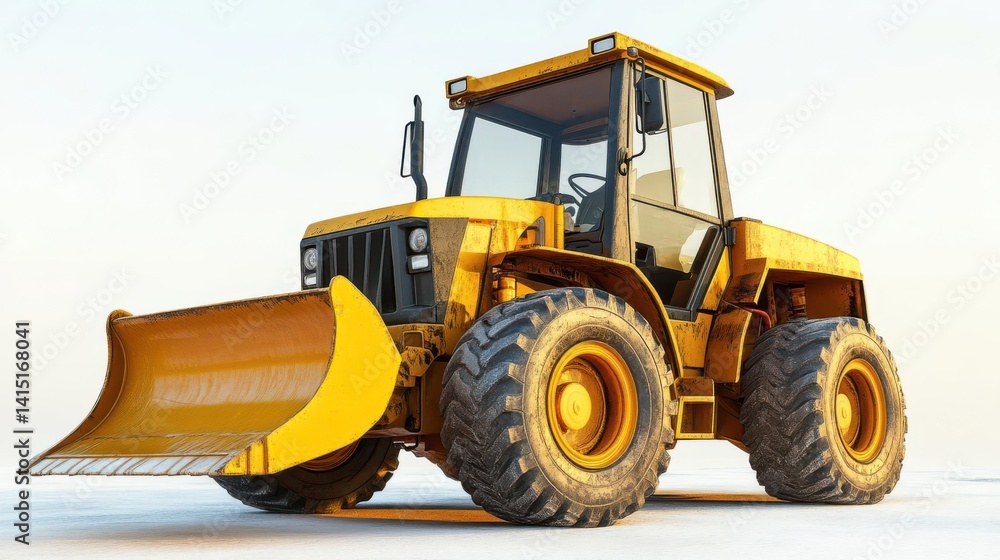 Fototapeta premium Yellow construction tractor with a front loader on a clear day, ready for earth-moving tasks
