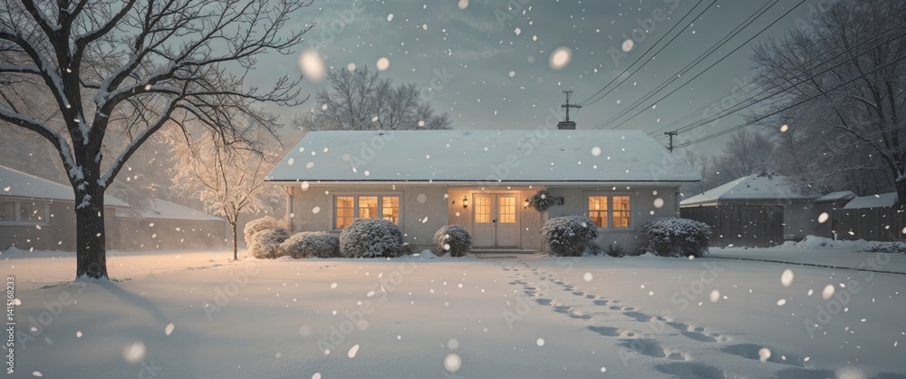 snowy scene of a house with a tree and a path in the snow