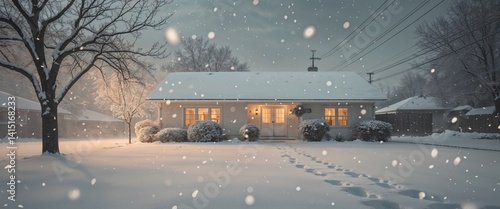 Obraz na płótnie snowy scene of a house with a tree and a path in the snow w salonie