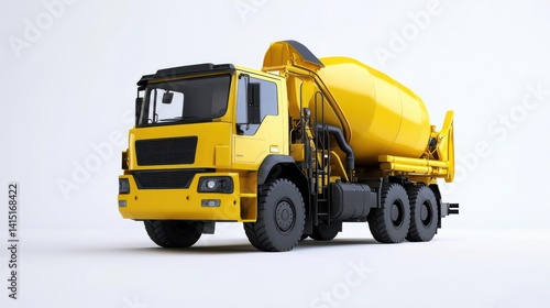 Bright yellow concrete mixer truck positioned on a clean white background, ideal for construction themes photo