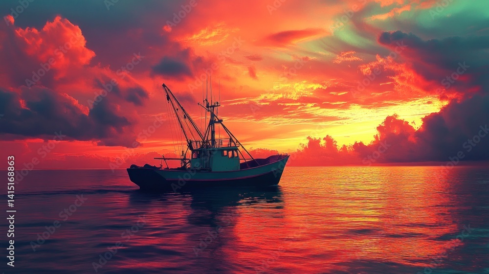 Fishing boat at fiery sunset on tranquil ocean Fishing boat at fiery sunset on tranquil ocean