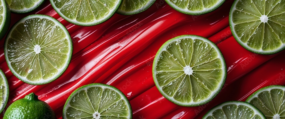 limes and lime slices are arranged on a red surface