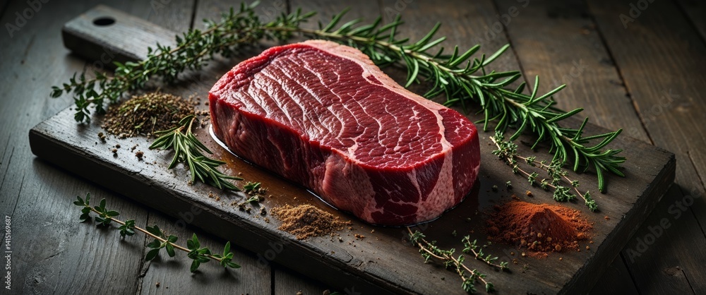 arafed steak on a cutting board with herbs and spices