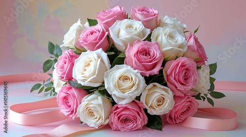 Pink and white rose bouquet with ribbon on soft pastel background