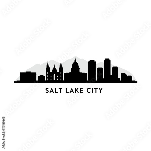 Salt Lake City Skyline with Utah, Silhouette, and Mountains.