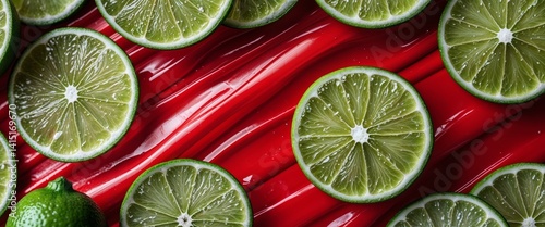 Obraz na płótnie limes and lime slices are arranged on a red surface w salonie