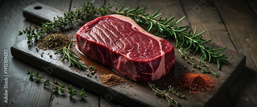 Obraz na płótnie arafed steak on a cutting board with herbs and spices w salonie