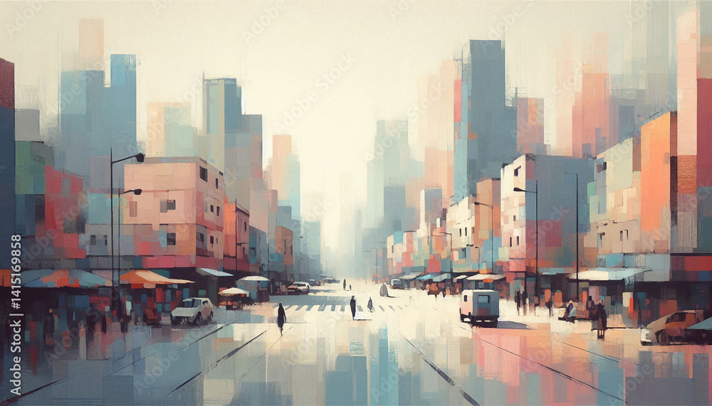 Fototapeta premium Digital Illustration of a Dreamy Urban Silhouette in Pastel Tones