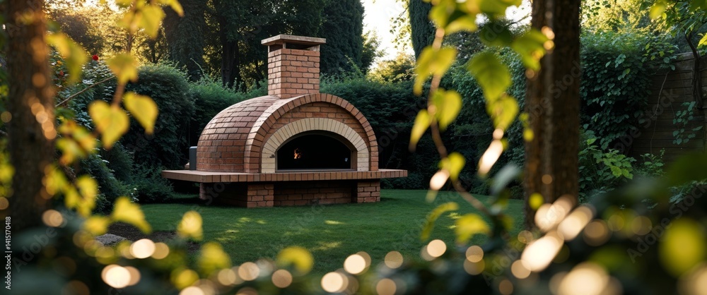 there is a brick oven in the middle of a garden