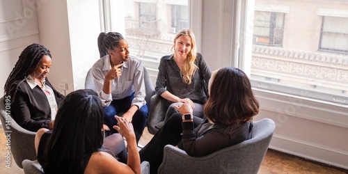 Group of diverse women having a meeting in a bright room. Diverse women discussing ideas. Diverse women sharing thoughts. Diverse women in a collaborative office meeting room.