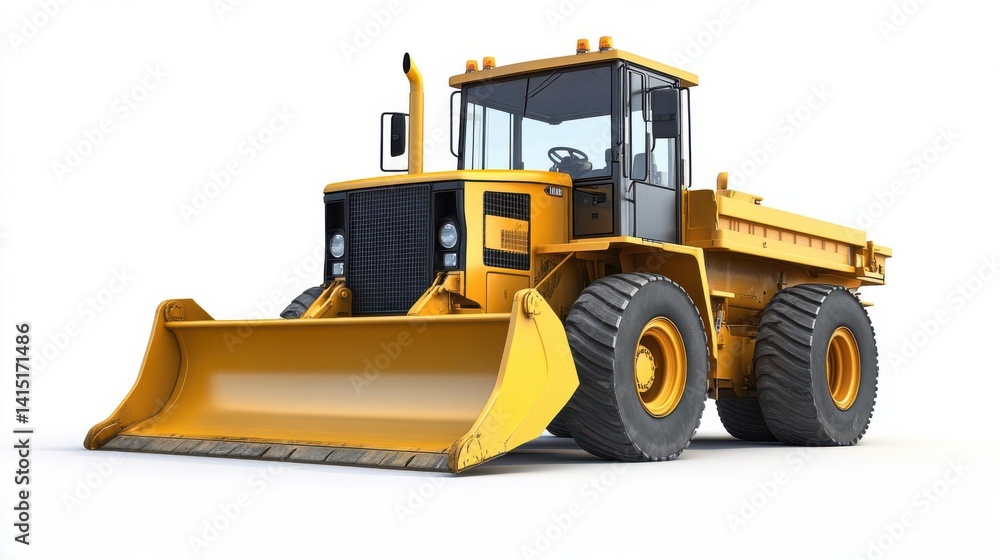 Fototapeta premium Yellow bulldozer parked on a clean white background, ready for construction tasks