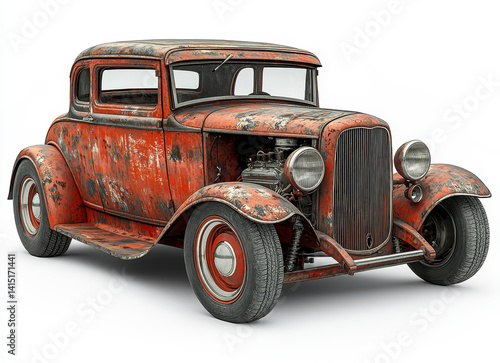 Image of Vintage Rusty Jalopy Car Isolated on White Background Showcasing Classic Automobile Design and Aged Patina