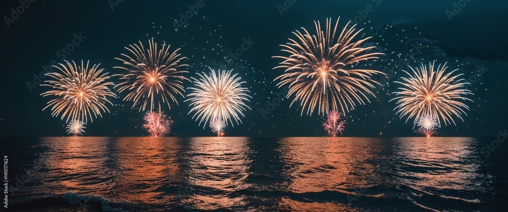 Fireworks exploding in the night sky above an ocean with reflections on the water