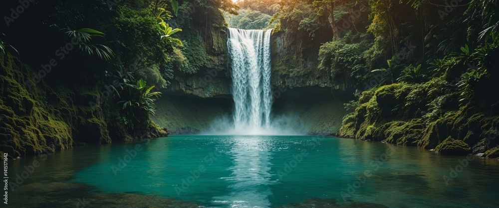 there is a waterfall in the middle of a jungle with a bright light