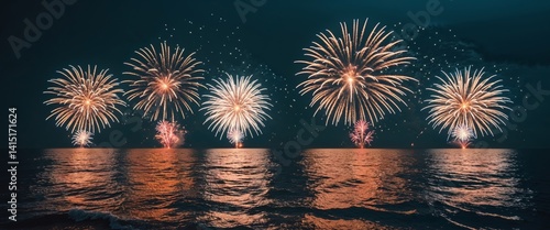 Obraz na płótnie Fireworks exploding in the night sky above an ocean with reflections on the water w salonie