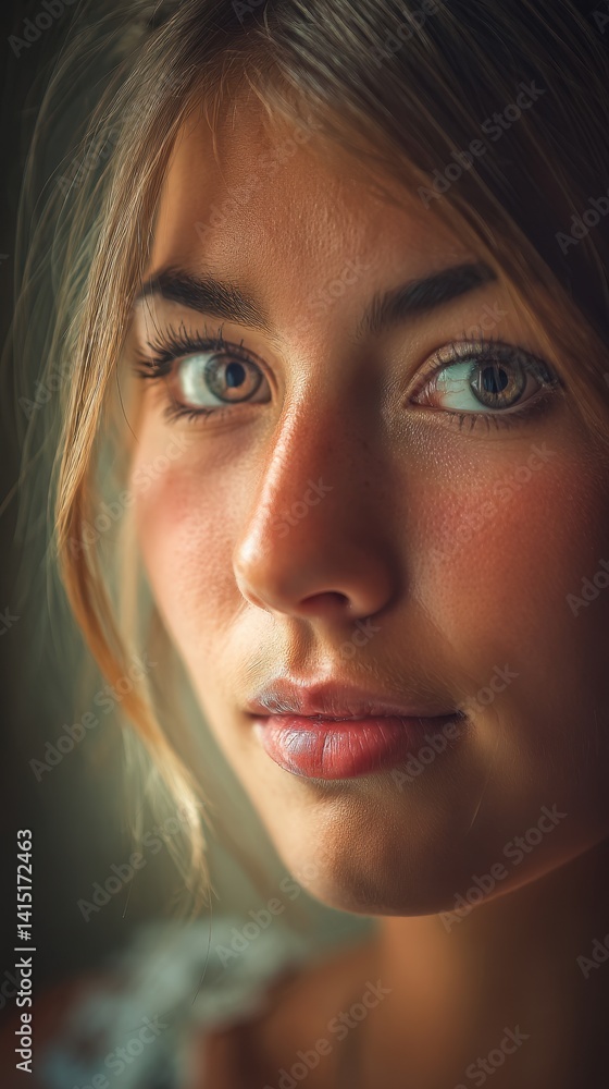 Intimate close-up portrait of a woman with striking blue eyes and warm, sun-kissed skin. Soft, ethereal lighting highlights her delicate features Intimate close-up portrait of a woman with striking blue eyes and warm, sun-kissed skin. Soft, ethereal lighting highlights her delicate features