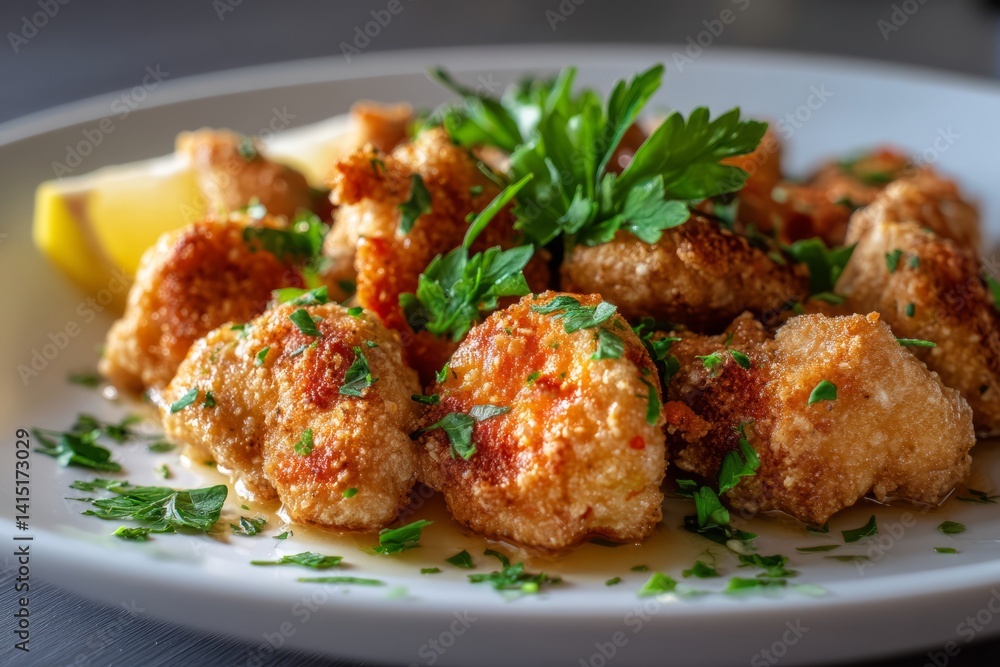 Crispy Golden Fried Cauliflower Bites with Fresh Parsley and Lemon Garnish Crispy Golden Fried Cauliflower Bites with Fresh Parsley and Lemon Garnish