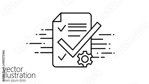 Document checklist symbol with gear. Processing tasks workflow automation. Business project management software solutions. Simple line drawing vector isolated on white background
