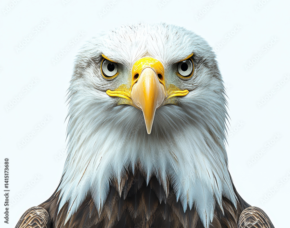 Fototapeta premium Bald Eagle Portrait on White Background Showcasing Majestic Features and Intense Gaze
