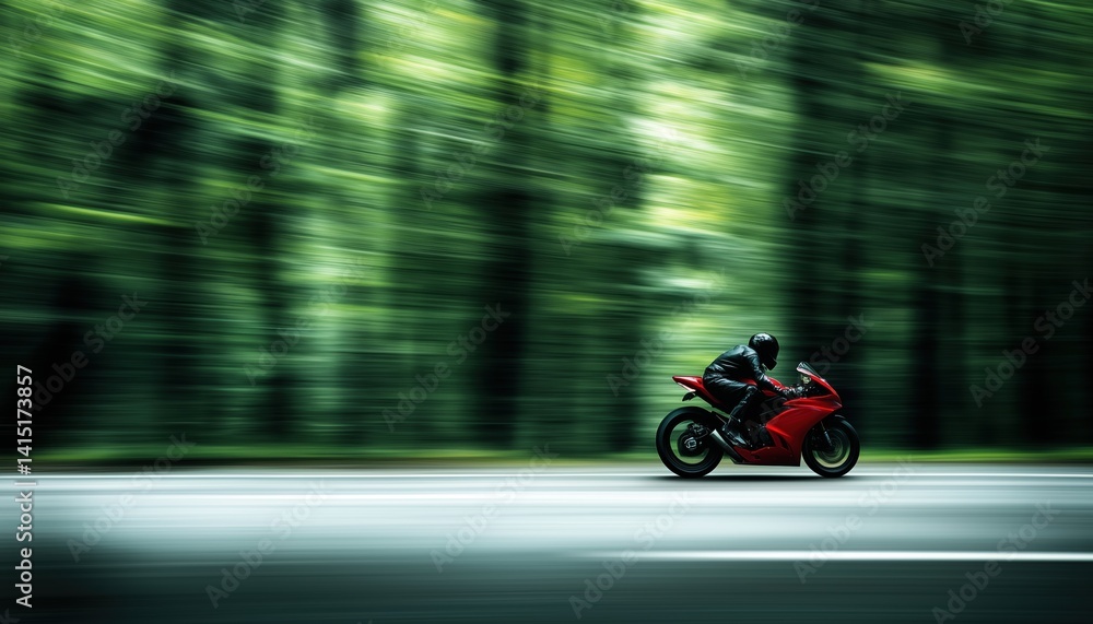 Fototapeta premium Motorbike Tour: Riding With Joy On An Empty Road. Enjoying The Fast Motion Blur Effect On A Motorcycle Journey. Ideal Copyspace.