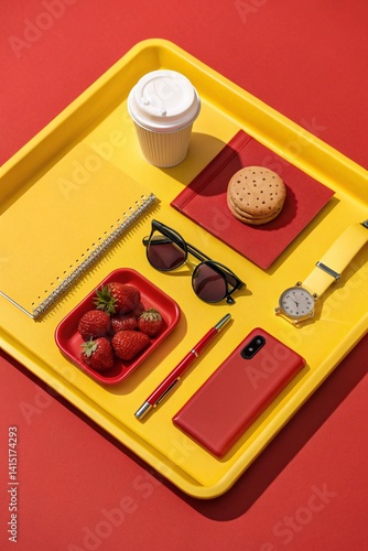 All placed neatly inside a bright yellow tray with a red background, giving off a very bold and modern vibe—kind of like a satirical take on consumerism or lifestyle branding. 