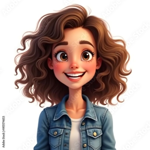 Cheerful Cartoon Girl with Curly Brown Hair in Denim Jacket