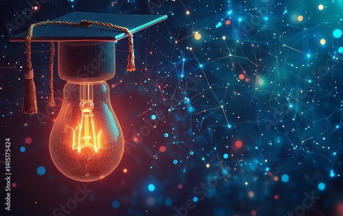 Online education degree and certificate program concept, lightbulb with graduation cap, symbolic of elearning, digital courses, and internet classes, vibrant generative AI artwork