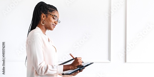 Obraz na płótnie African American woman writing on a tablet in the office. African American business woman workingin with tablet in the white minimal office, African American woman writing, businesswoman in the office w salonie