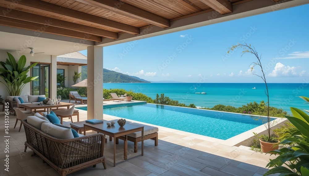 Fototapeta premium Luxury villa with an infinity pool overlooking the ocean, a tranquil island paradise for the ultimate vacation escape.