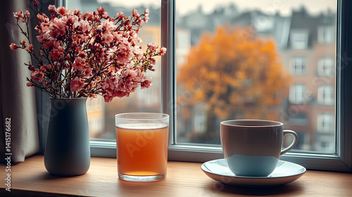 Indoor scene flowers drink and coffee by the window  Orange tree and apartment viewable through the window Cozy dom