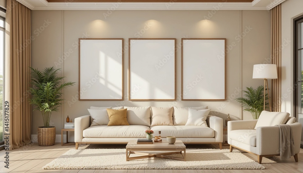 Fototapeta premium A bright and airy living room showcases three framed art prints above a comfortable sofa, accented with neutral tones and natural light.