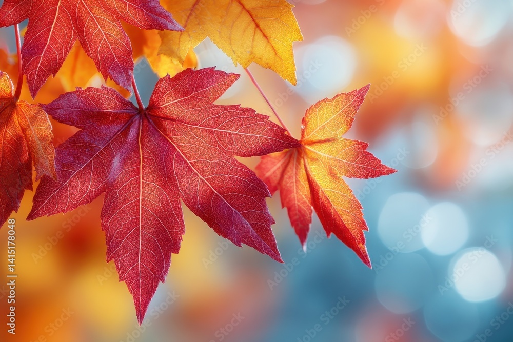 Vibrant autumn leaves display hues of red, orange, and yellow against a soft blue background in a picturesque outdoor setting Vibrant autumn leaves display hues of red, orange, and yellow against a soft blue background in a picturesque outdoor setting