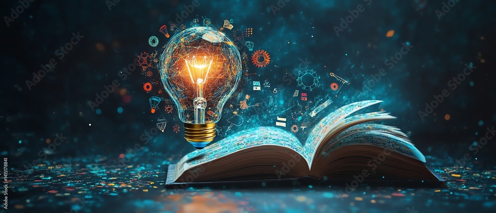 Fototapeta premium Lightbulb of creativity and innovation, filled with colorful educational icons, books, gears, and knowledge symbols, representing the power of learning, AIgenerated design