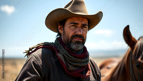 Portrait of cowboy, realistic, with white tones