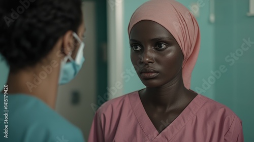 Two healthcare professionals engage in a serious conversation, showcasing cultural diversity and the significance of communication in medical settings.