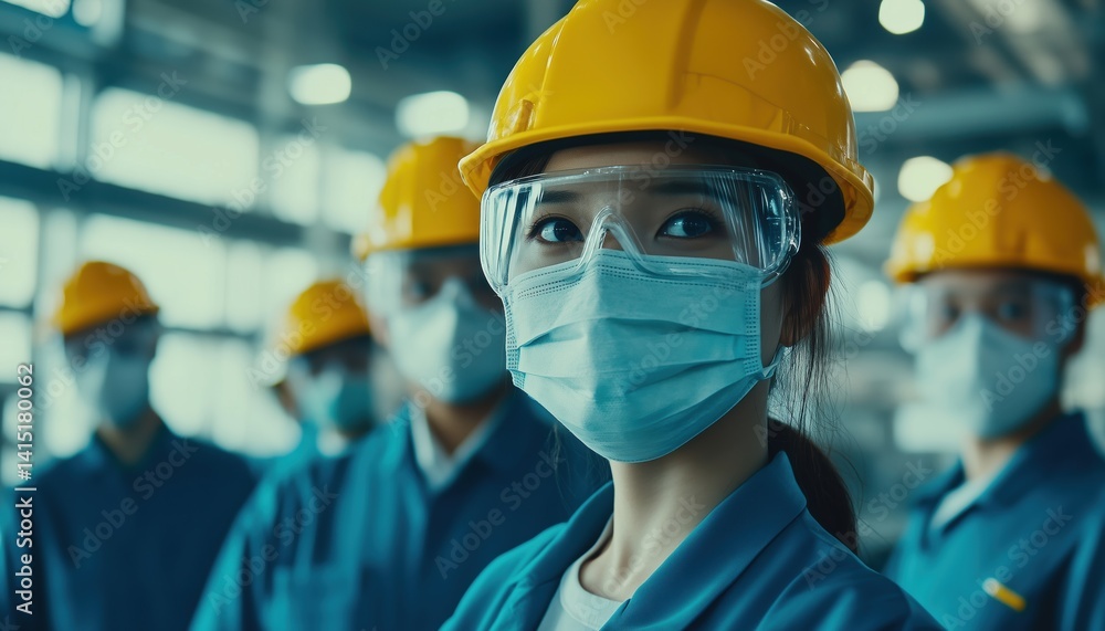 Asian Engineers In Hygienic Masks And Helmets Ensure Safety In Factory Industrial Setting Amidst Coronavirus Pandemic. Asian Engineers In Hygienic Masks And Helmets Ensure Safety In Factory Industrial Setting Amidst Coronavirus Pandemic.