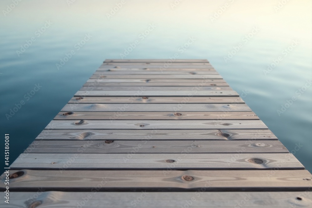 Wooden Plank Pathway Extending Over Calm Water Towards a Serene Horizon Wooden Plank Pathway Extending Over Calm Water Towards a Serene Horizon