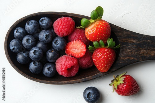 Delicious fresh berries: blueberries raspberries and strawberries in a wooden dish